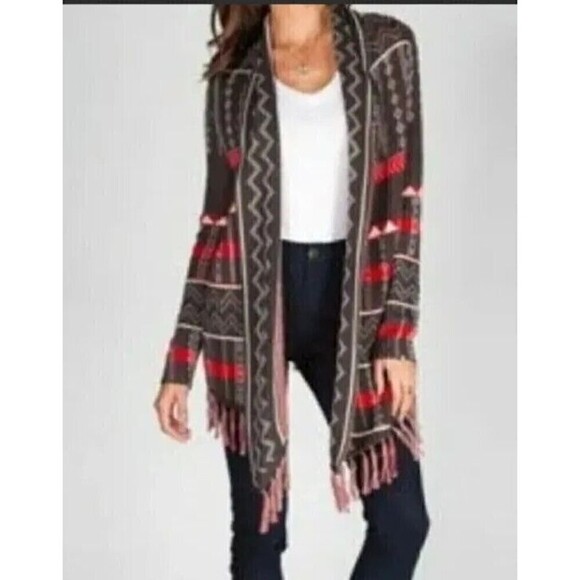 Billabong Designer's Closet Boho Cardigan Wrap Southwestern Print Fringe Size S - Picture 1 of 14